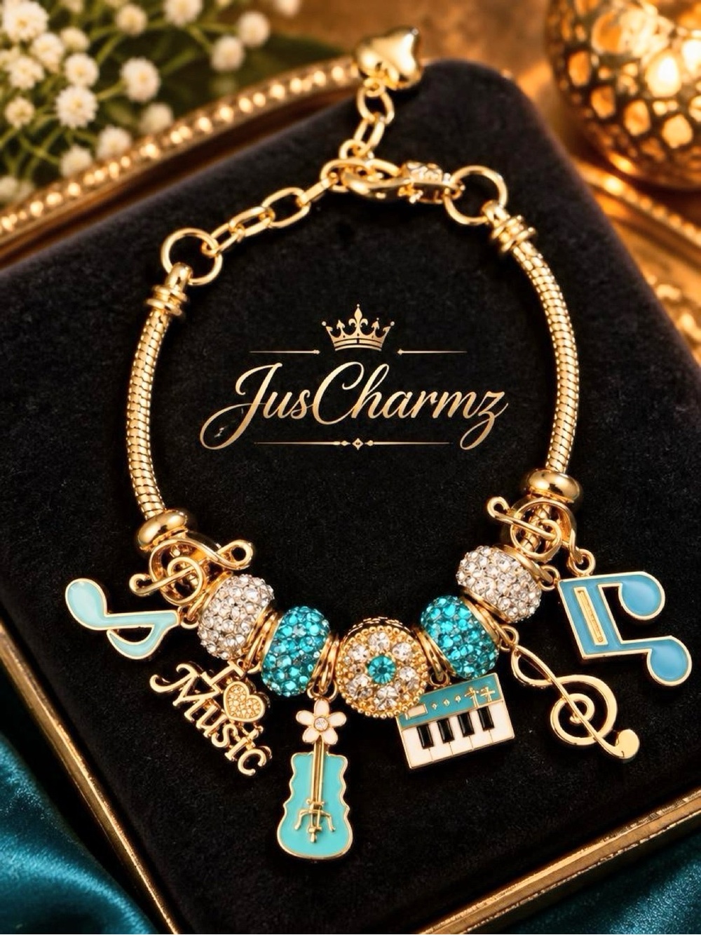 Music Teacher Gift Gold Charm Bracelet | Keyboard Guitar Clef